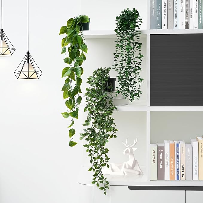 3 Pack Small Fake Hanging Plants, Artificial Eucalyptus, Pothos & Mandala Vines with Plastic Pot for Indoor Home Decor, Wall, Office, Bathroom, Kitchen, Shelf, Farmhouse Room Decoration