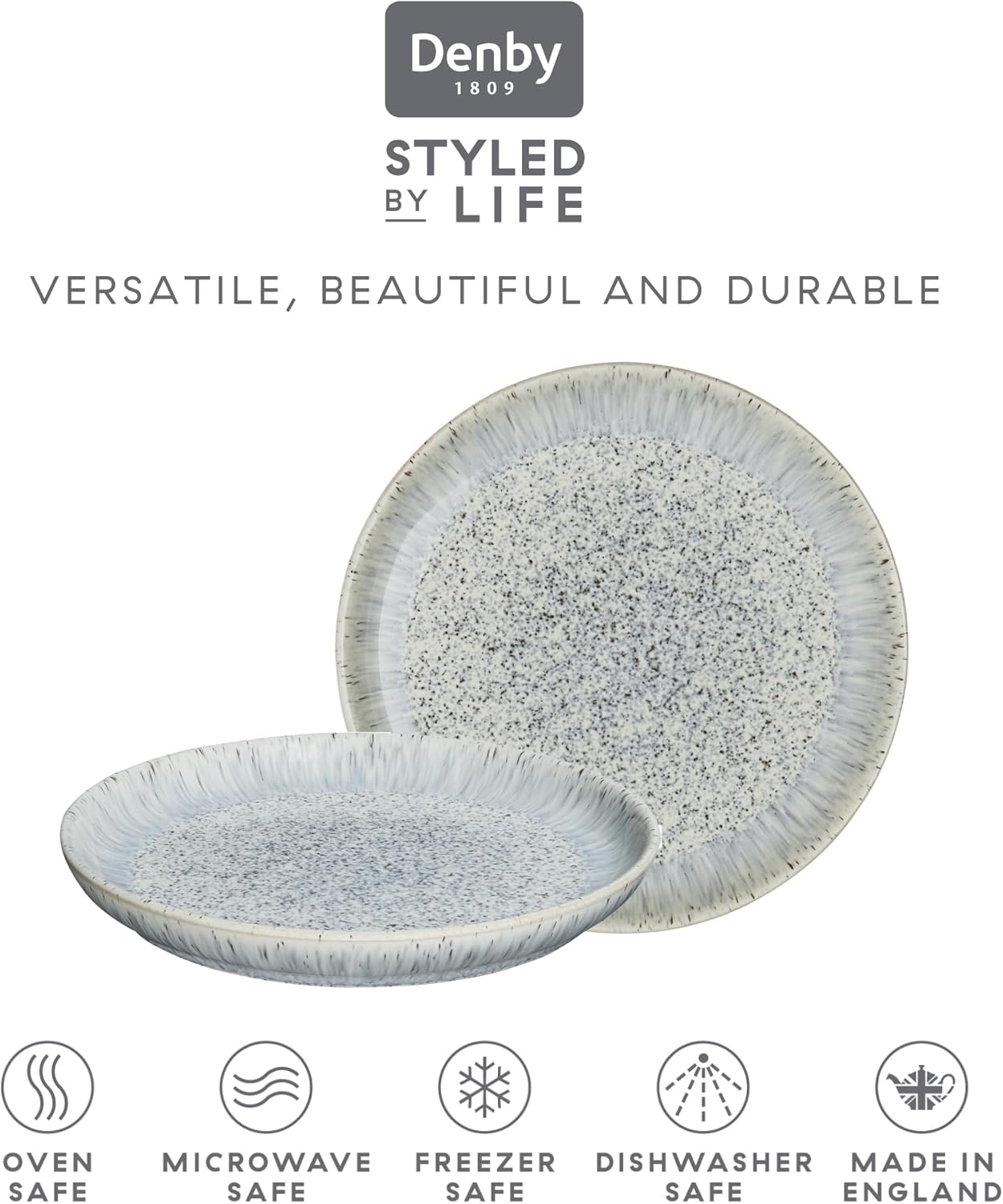 Denby - Halo Speckle Dinner Plates Set of 6-10.25 Inch Dishwasher Microwave Oven Safe - Scratch Chip Resistant - Grey, Neutral, Blue Large Ceramic Stoneware Dinnerware Plates Set