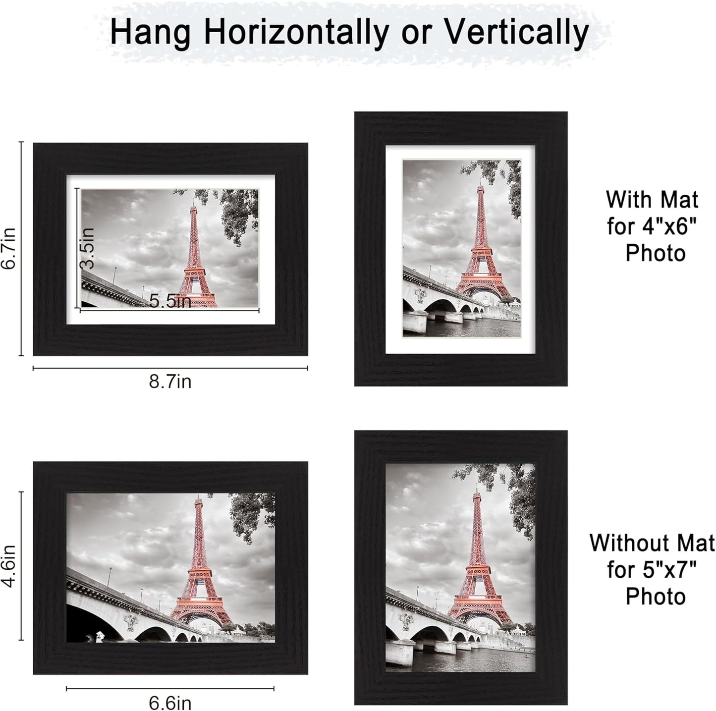 iRahmen 5x7 Picture Frame Set of 2, Black Wood Photo Frame with High Definition Glass, Display Pictures 4x6 with Mat or 5 x 7 Without Mat for Tabletop and Wall Mounting