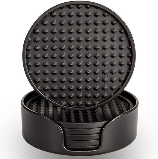 Coasters for Drinks 6 Pcs Drink Plastic Coaster with Holder,Heat Resistant Silicone Cup Mat Tabletop Protection,Non-Slip Rubber Coasters for Kinds of Cups (Black)