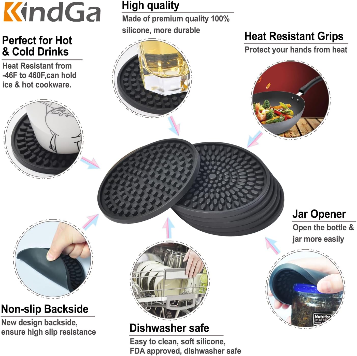 KindGa Coasters for Drinks Black, Absorbent Rubber Coaster Set, Silicone Drink Coasters for Large Mug/Cup/Bottle, Deep Tray 4.3 Inch Oval Shape Jar Opener Heat-Resistant Grips (Set of 8)