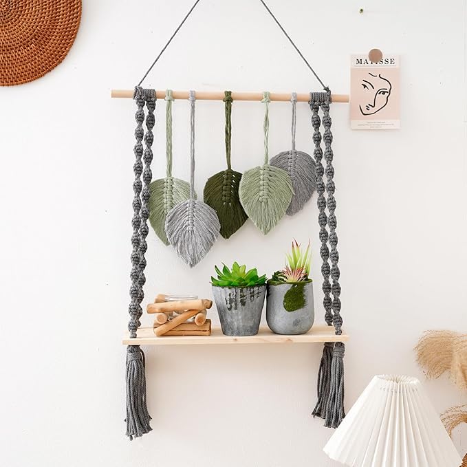 Macrame Wall Hanging Shelf, Bohemian Woven Tapestry Chic Woven Leaf Tassels Home Deco, Boho Handmade Wall Art Floating Shelf for Living Room, Bedroom, Nursery Backdrop, Apartment (Green+Grey)