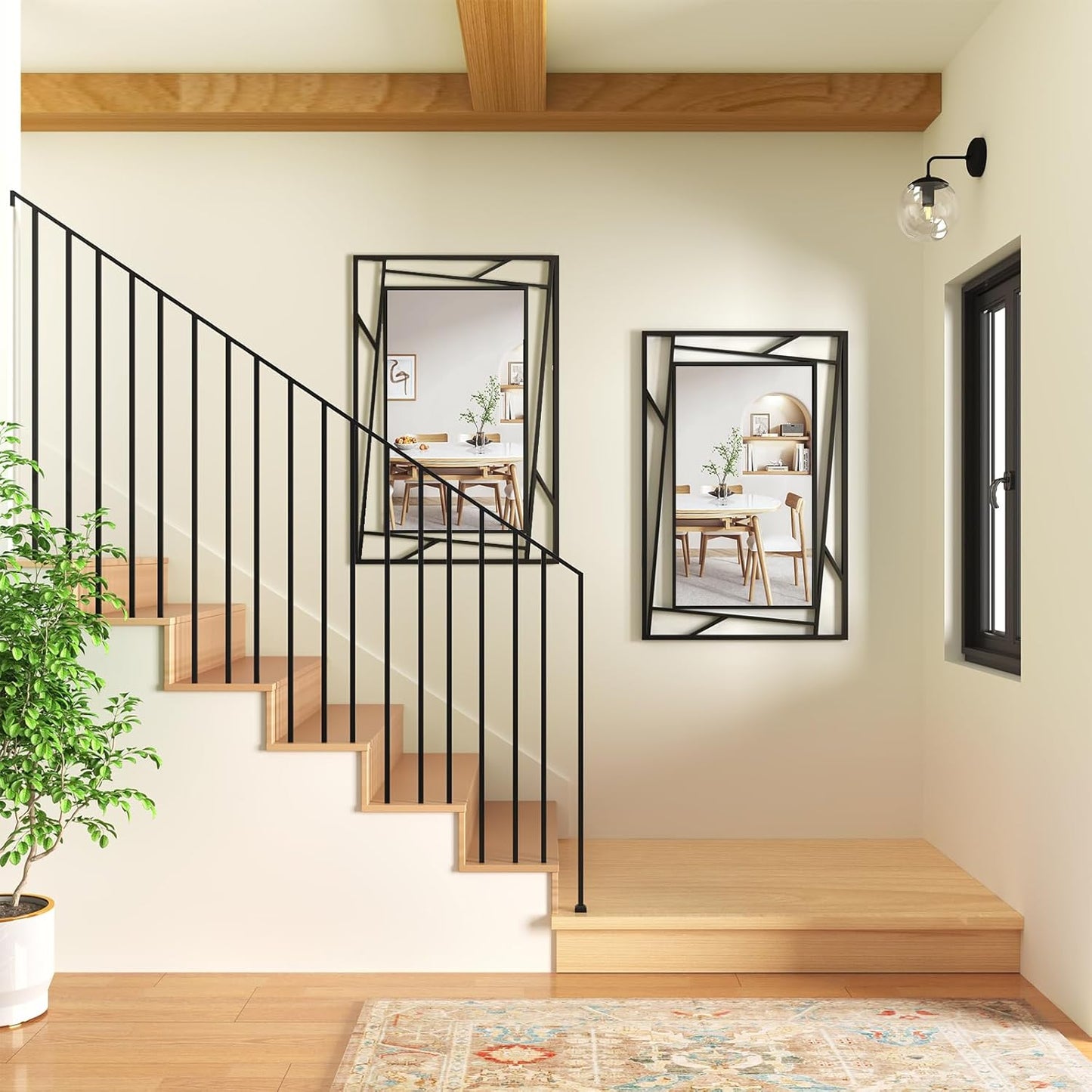 Black Bathroom Mirror 36''X24'' Rectangle Decorative Wall Mirrors with Geometric Metal Frame for Bathroom, Living Room, Bedroom, Entrance, Horizontal/Verticall, Easy to Install