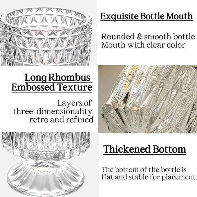 BLOFLO Embossed Glass Vase, 7'' Crystal Glass Vases, Pedestal Big Base Glass Bouquet Vase, Hydroponic Glass Transparent Vase for Home Office Wedding Dining Table Party (Long Rhombus Pattern)