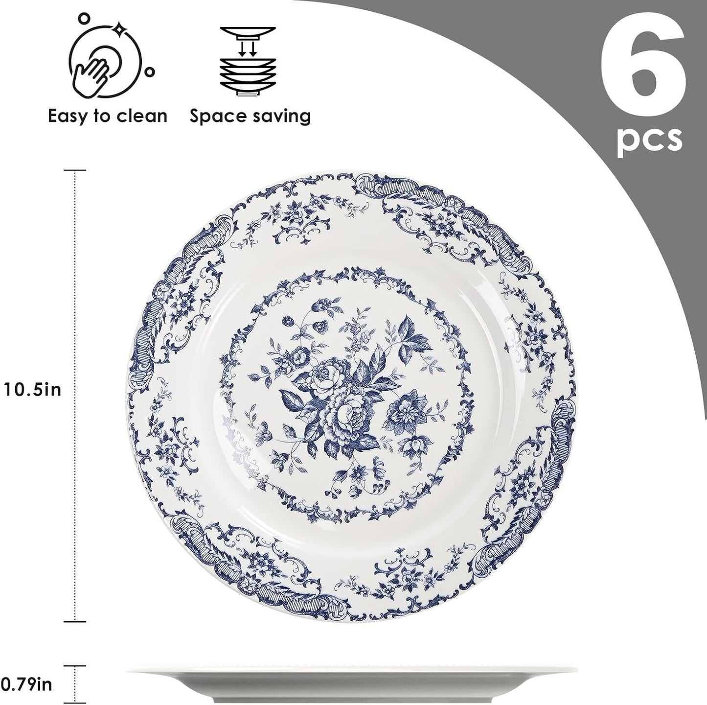 Dinner Plates, Ceramic Plates Set of 6, Kitchen Plates Microwave Safe, White Plate Dessert Blue Floral Plate Porcelain (Blue Rose, 10.5 inch)