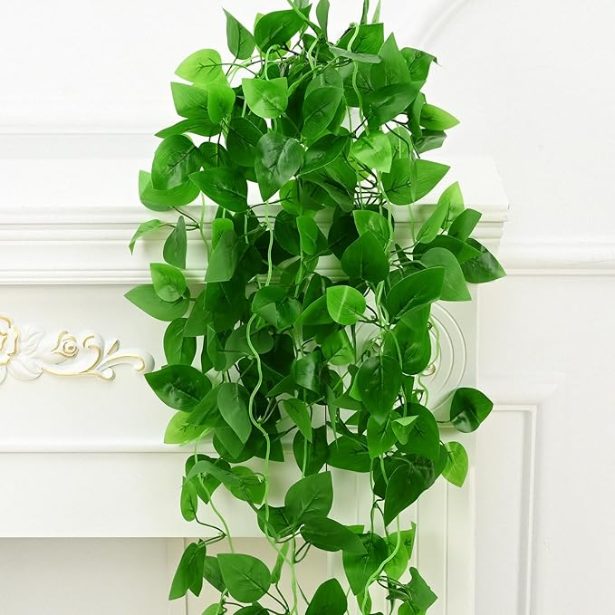 BLEUM CADE 2Pcs Fake Hanging Plants, 9 Branch Artificial Hanging Plant, Lush Faux Pothos Vines for Home Room Wall Shelf Porch Outdoor Indoor Decor (No Baskets)