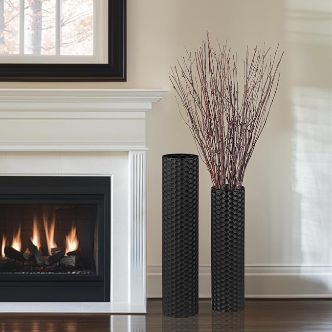 Sziqiqi Black Cylinder Tall Floor Vase: 27.6/21.7in Metal Extra Large Decorative Vase Set of 2 Living Room Modern Honeycomb Texture Big Standing Vase for Dining Bedroom Home Corner Indoor Office
