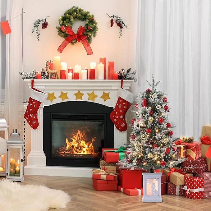 3 Ft Pre-Lit Christmas Tree, Artificial Christmas Trees with Lighting, Xmas Trees with 78 Led Lights, Christmas Decoration for Home, Office, Easy Assembly