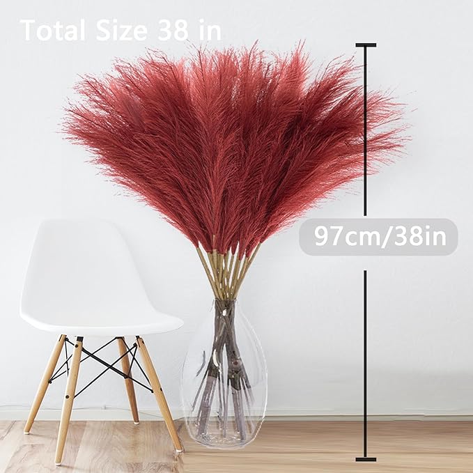 38" 10 Stems Faux Pampas Grass Tall - Red Tall Pampas Grass Decor Pompas Floral Arrangement and Vase Filler for Boho Home Wedding Mothers Day Decoration