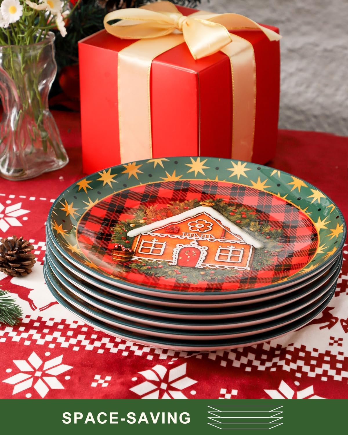 HASENSE Ceramic Dinner Plates, 10.5 Inches Christmas Serving Dishes for Salad, Pasta, Steak, Dessert, Party Kitchen Plates Set of 6, Microwave and Dishwasher Safe