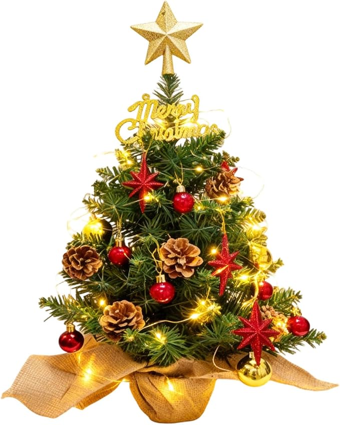 24 Inch Tabletop Mini Christmas Tree, Miniature Pine Christmas Tree with Hanging Ornaments, Battery Operated Artificial Xmas Tree, Best DIY Christmas Decorations
