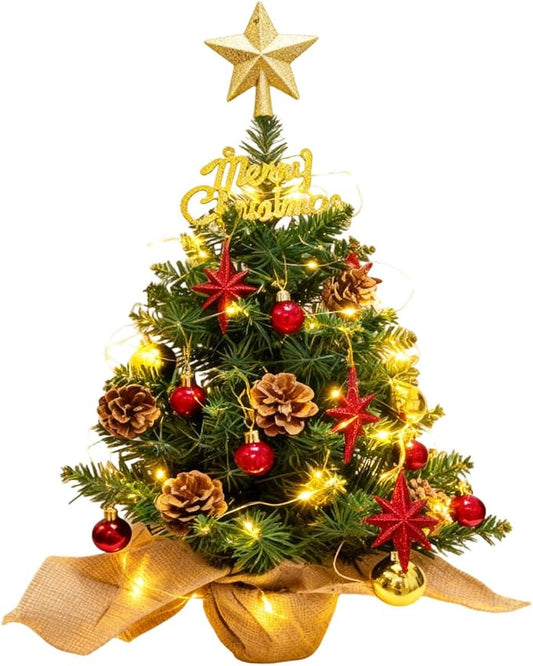 24 Inch Tabletop Mini Christmas Tree, Miniature Pine Christmas Tree with Hanging Ornaments, Battery Operated Artificial Xmas Tree, Best DIY Christmas Decorations