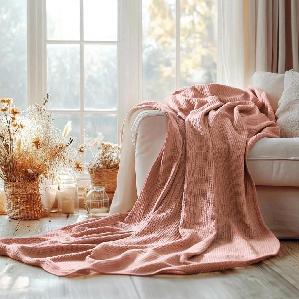 ISAENNE Pink Thin Waffle Weave 100% Cotton Throw Blanket,Solid Color Breathable Soft Cooling Blanket,Lightweight and Skin Friendly Blankets for Bed,Camp,All-Season Use,Christmas,80x60 Inches