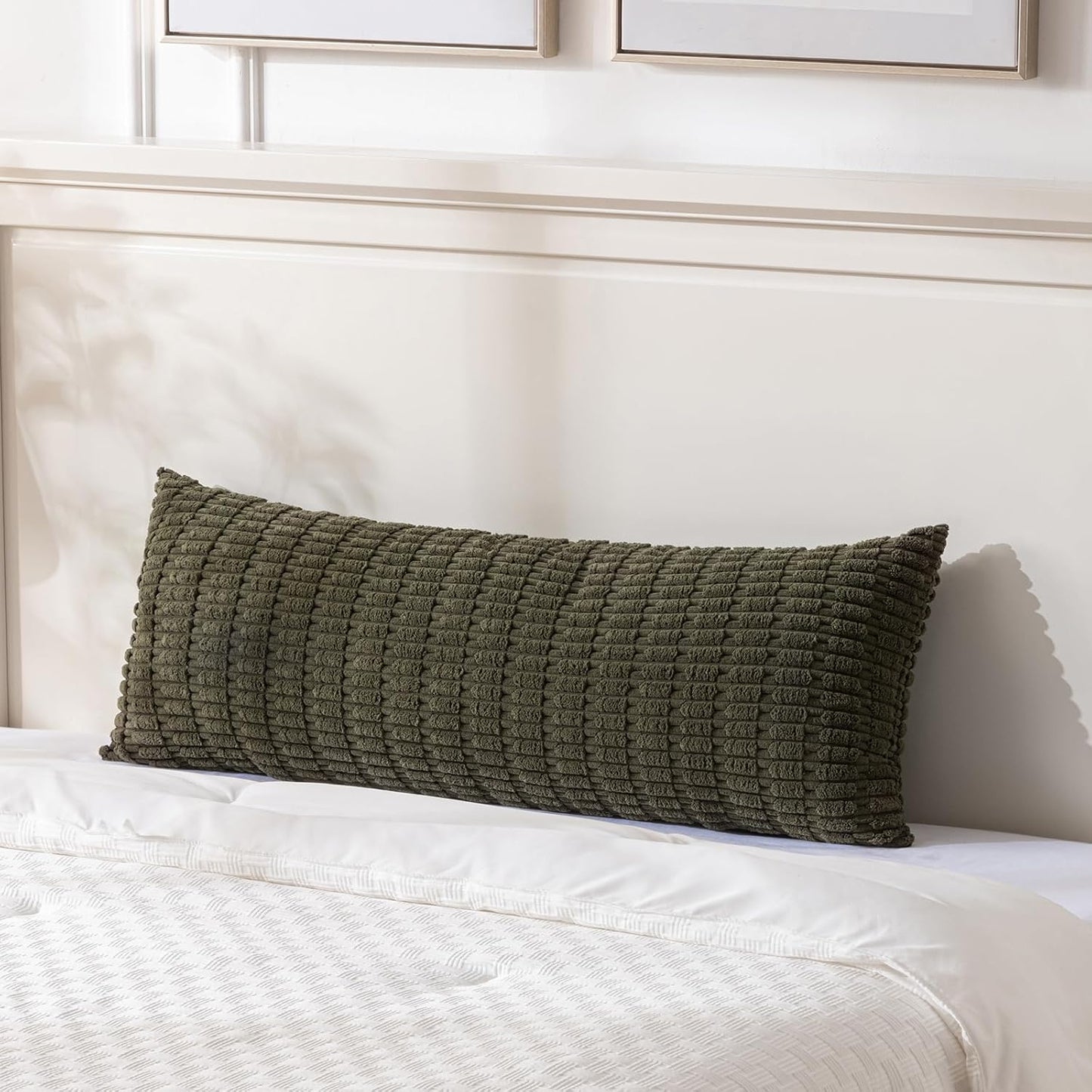 Fancy Homi Olive Green Long Body Lumbar Decorative Throw Pillow Covers 20x54 Inch for Bed Couch Bedroom, Soft Corduroy Rectangle Solid Pillow Case 50x137 cm, Rustic Farmhouse Boho Room Decor