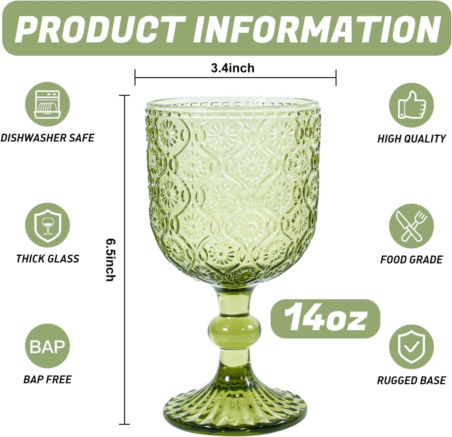 Green Vintage Wine Glasses set of 6 Goblets Glassware, 14 oz Green Wine Glasses, Vintage Colored Glass Goblet for Wedding, Party, Red Wine Glass, Bars, Restaurants Dishwasher Safe