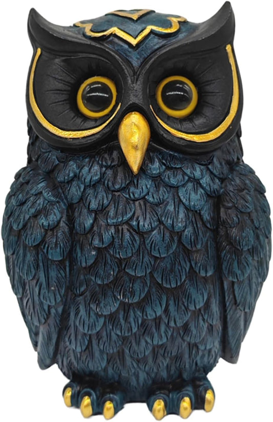 Dark Blue Owl Figurine - Gold Accent Resin Statue, 4.9 Inch Vintage Mystical Decor for Home, Office, Gift for Owl Lovers & Retro Enthusiasts