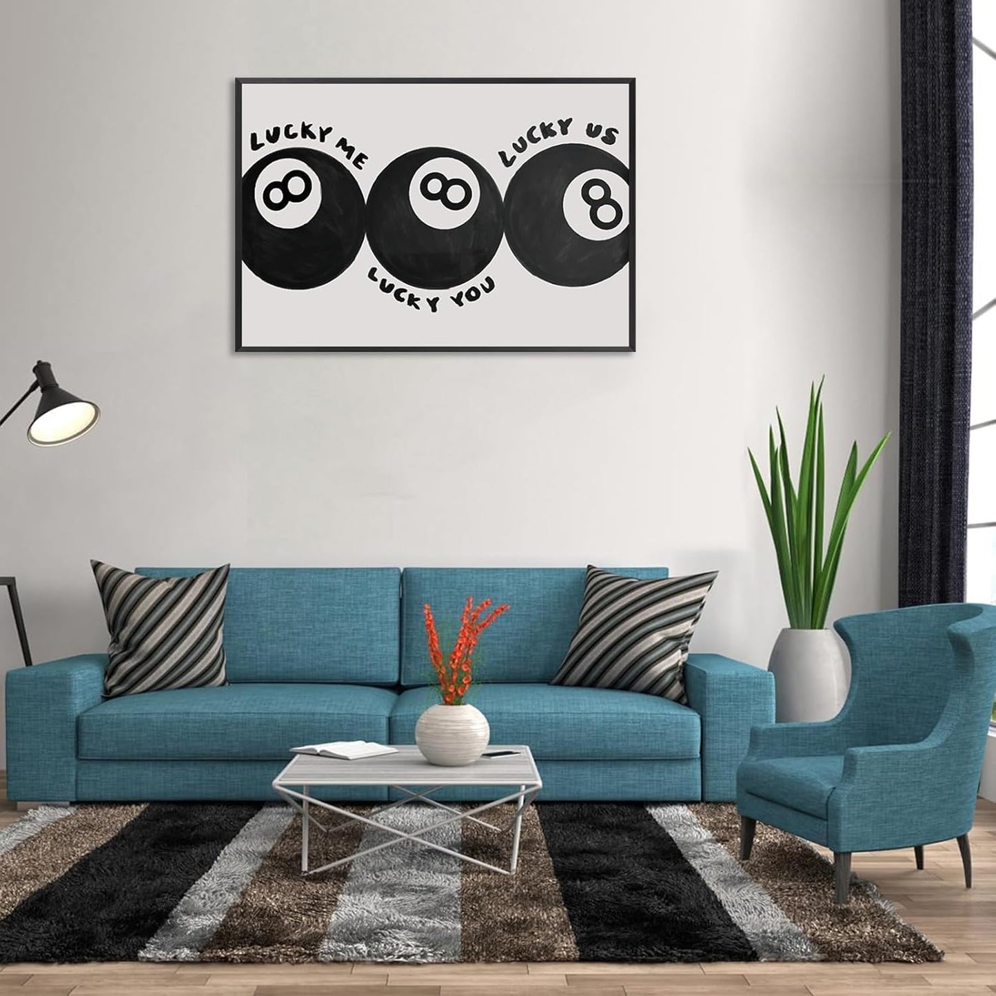 Lucky Me Lucky You Lucky Us Quote Cool Canvas Wall Art Vintage Black 8 Balls Poster Playful Billiards Print Paintings Trendy Aesthetic Pictures Decor for Game Room Bar Cart 16x24inch Metal Black Frame