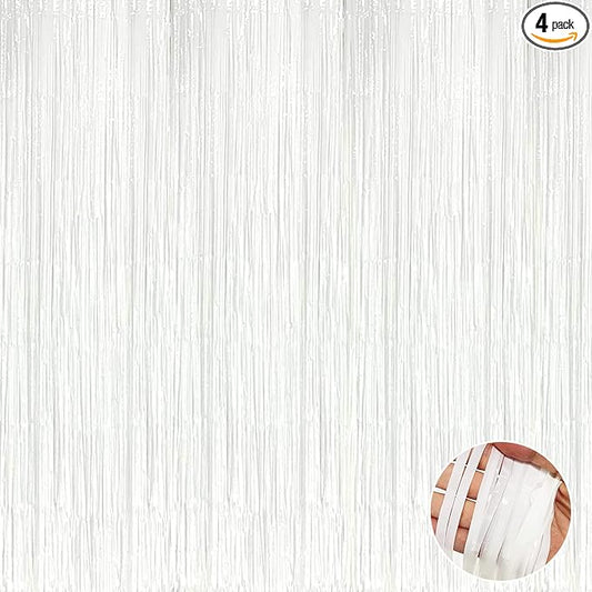 4 Pack White Foil Fringe Curtain Backdrop, 3.3Ft x 9.8Ft Metallic Tinsel Streamers Curtains for Photo Booth, Wedding, Thanksgiving, Birthday, Christmas Party Decoration, One Size