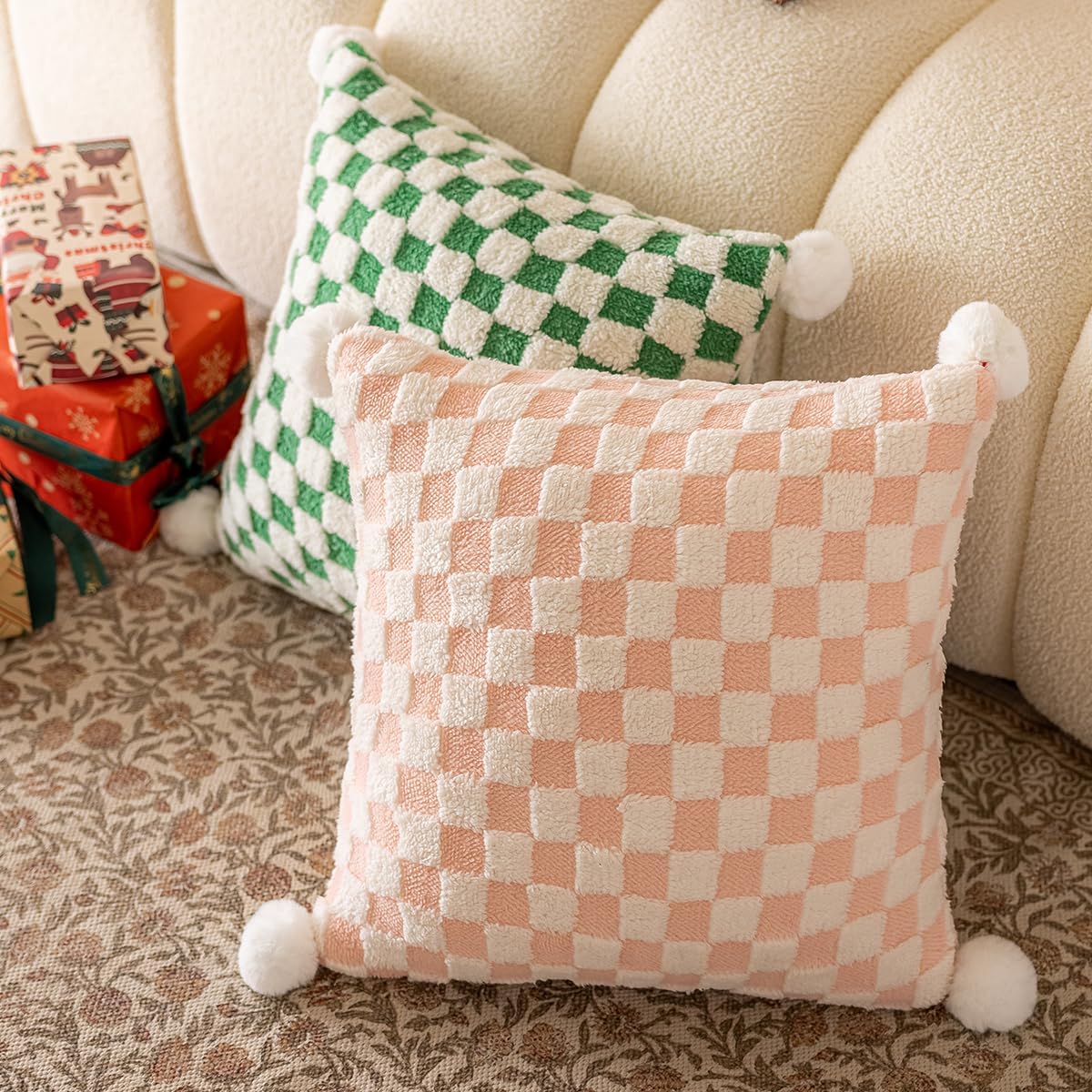 Faux Fur Plush Decorative Throw Pillow Covers with Pom Poms 18x18 Square Soft Christmas Checkered Pillow Covers for Couch Set of 2 Blush x2