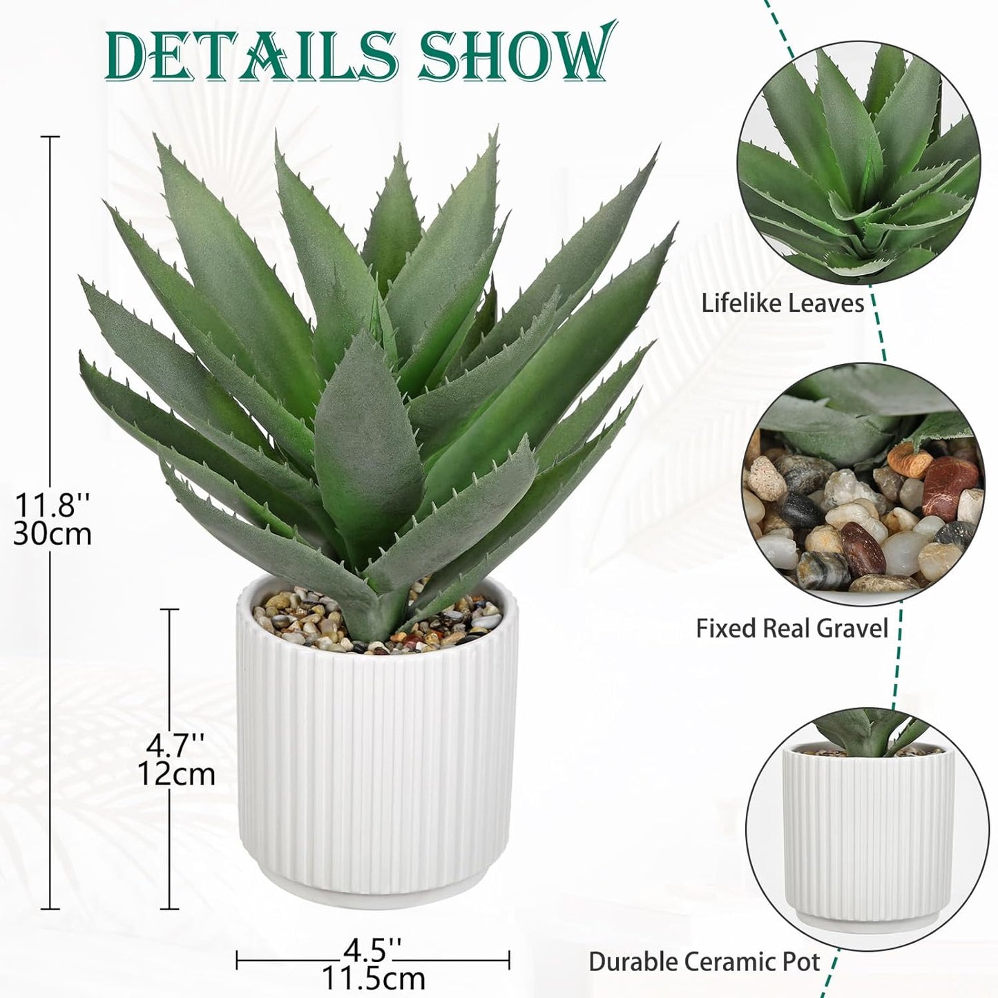 Hollyone Large Artificial Agave Plants 11.8“ Fake Succulents Potted Faux Aloe Vera Plant in White Pot Succulent Agave Plants for Desk Modern Office Living Room Table Shelf Home Indoor Outdoor Decor