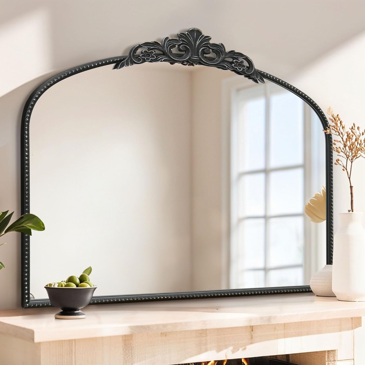 Micasso Large Vintage Black Mirror: 40" x 30" French Baroque Antique Mirror - Traditional Ornate Decorative Arched Mirrors for Wall/Bathroom/Entryway/Fireplace/Hallway - Home Decor for Living Room