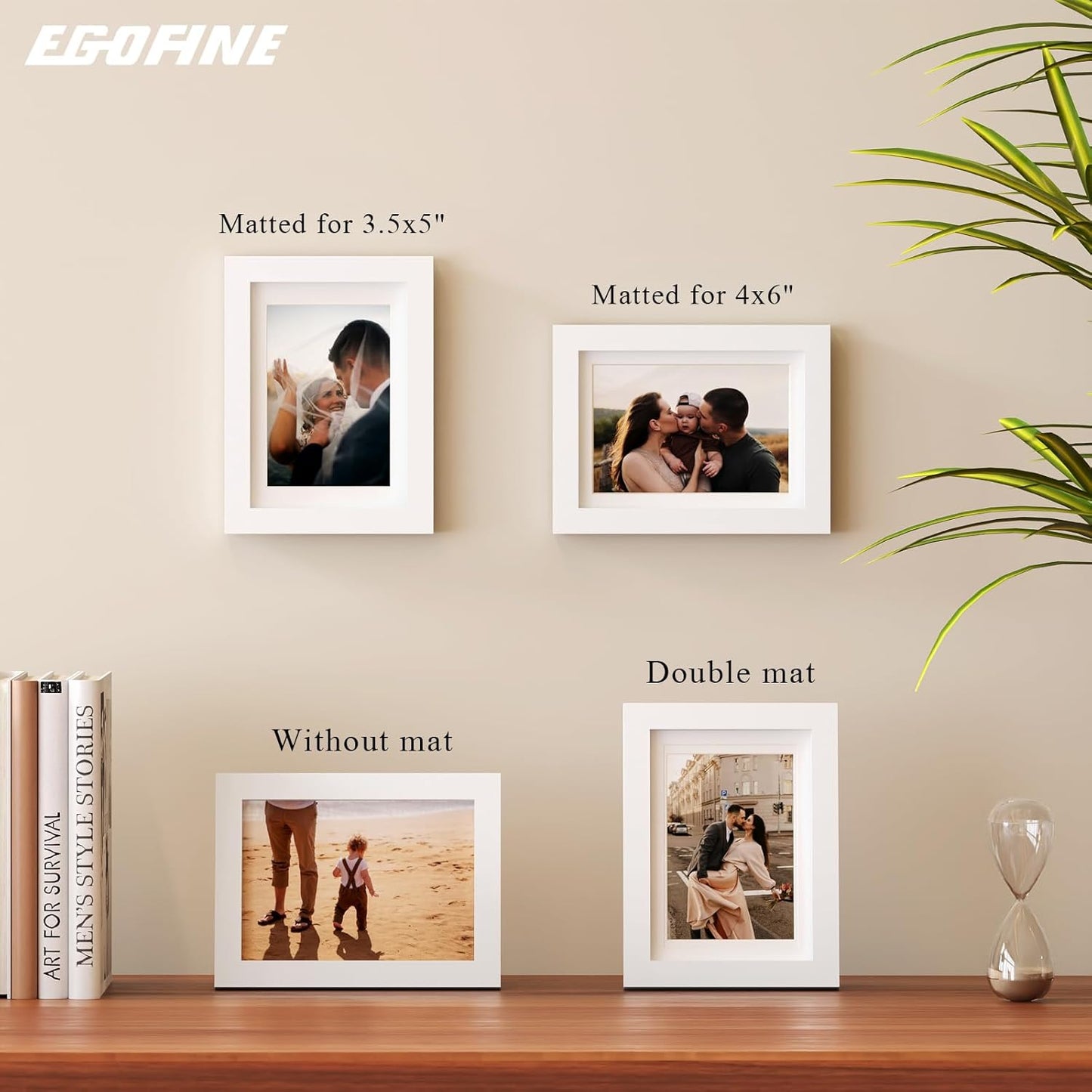 Egofine 5x7 Picture Frames Set of 4, Made of Solid Wood Covered by Plexiglass 3.5x5 and 4x6 with Mat or 5x7 without Mat, for Table Top Display and Wall Mounting Photo Frame White