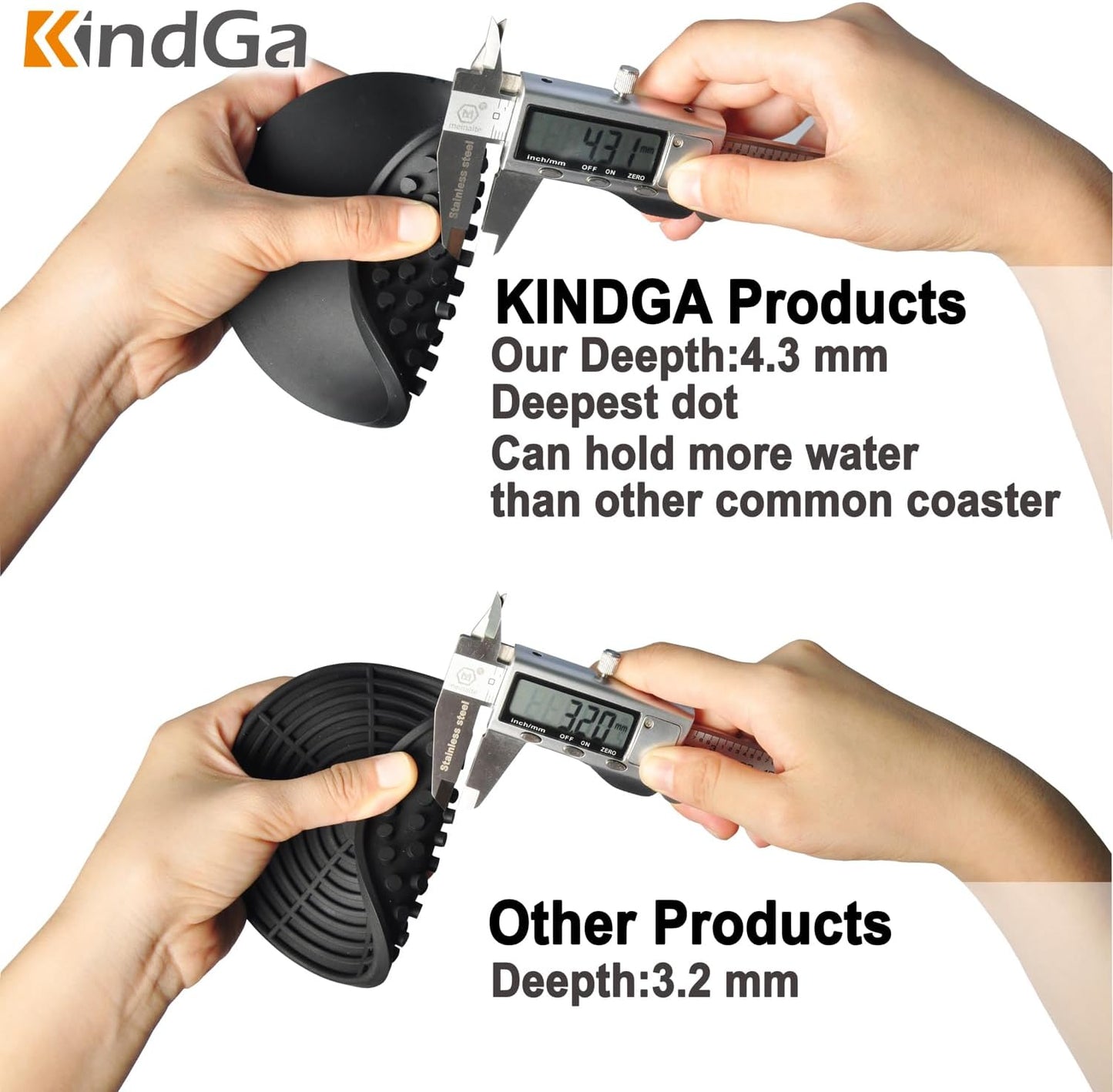 KindGa Coasters for Drinks Black, Absorbent Rubber Coaster Set, Silicone Drink Coasters for Large Mug/Cup/Bottle, Deep Tray 4.3 Inch Oval Shape Jar Opener Heat-Resistant Grips (Set of 8)