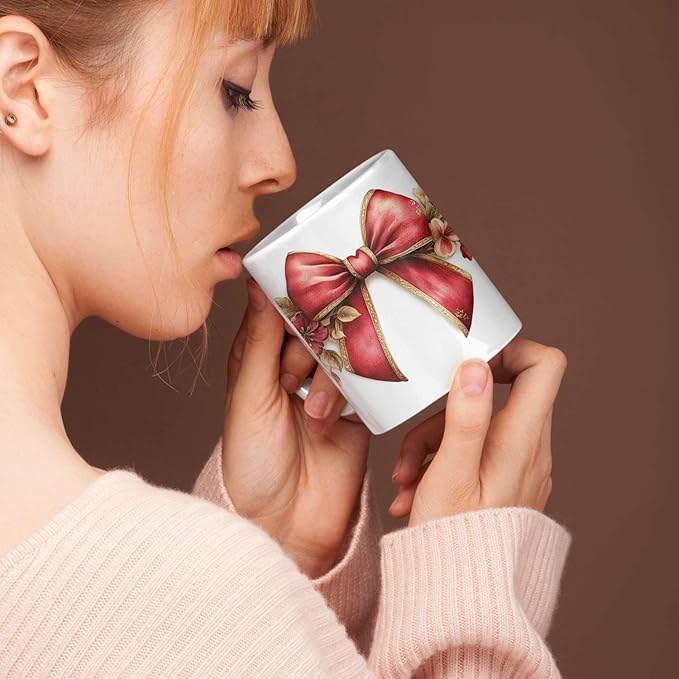 1PCS Custom Unique Name Coffee Mug, Elegant Floral Bow Full Wrap Mug, Personalized Festive Themed White Cup, Custom Gift for Christmas, Vibrant Bow Ceramic Cup for Friends