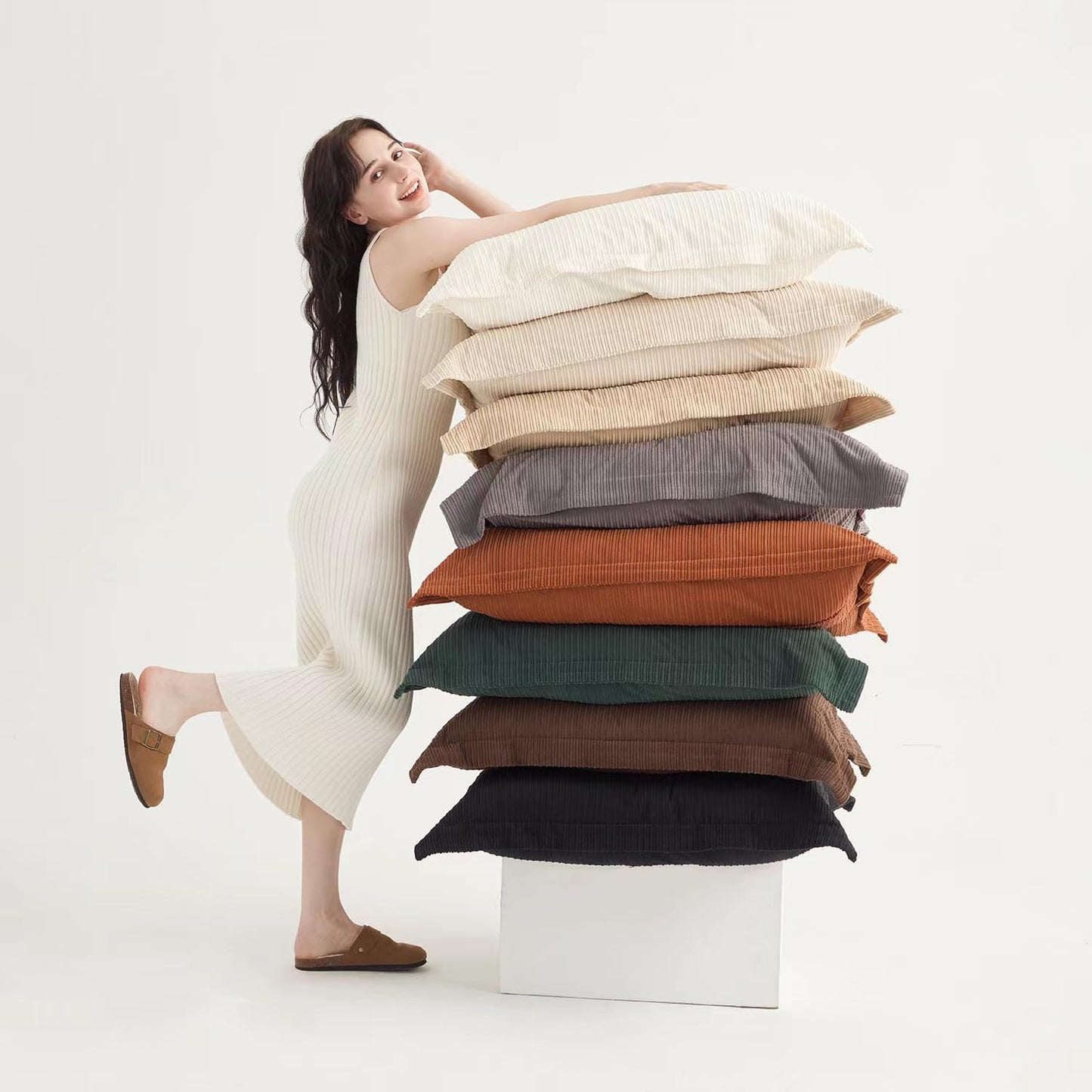 Decorative Pillow Covers - Dark Brown, Black & White | Extra-Large 30x30, Striped Corduroy, Low Maintenance Elegance for Modern, Spacious Interiors