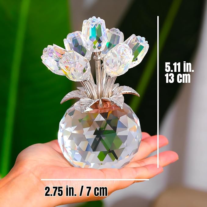 Ornalrist Crystal AB-Color Rose Bouquet Flower with Vase Figurine Decor, Roses Floral Collectible Romantic Gifts for Her, Wife, Mom on Valentine's Christmas Anniversary Mother's Day