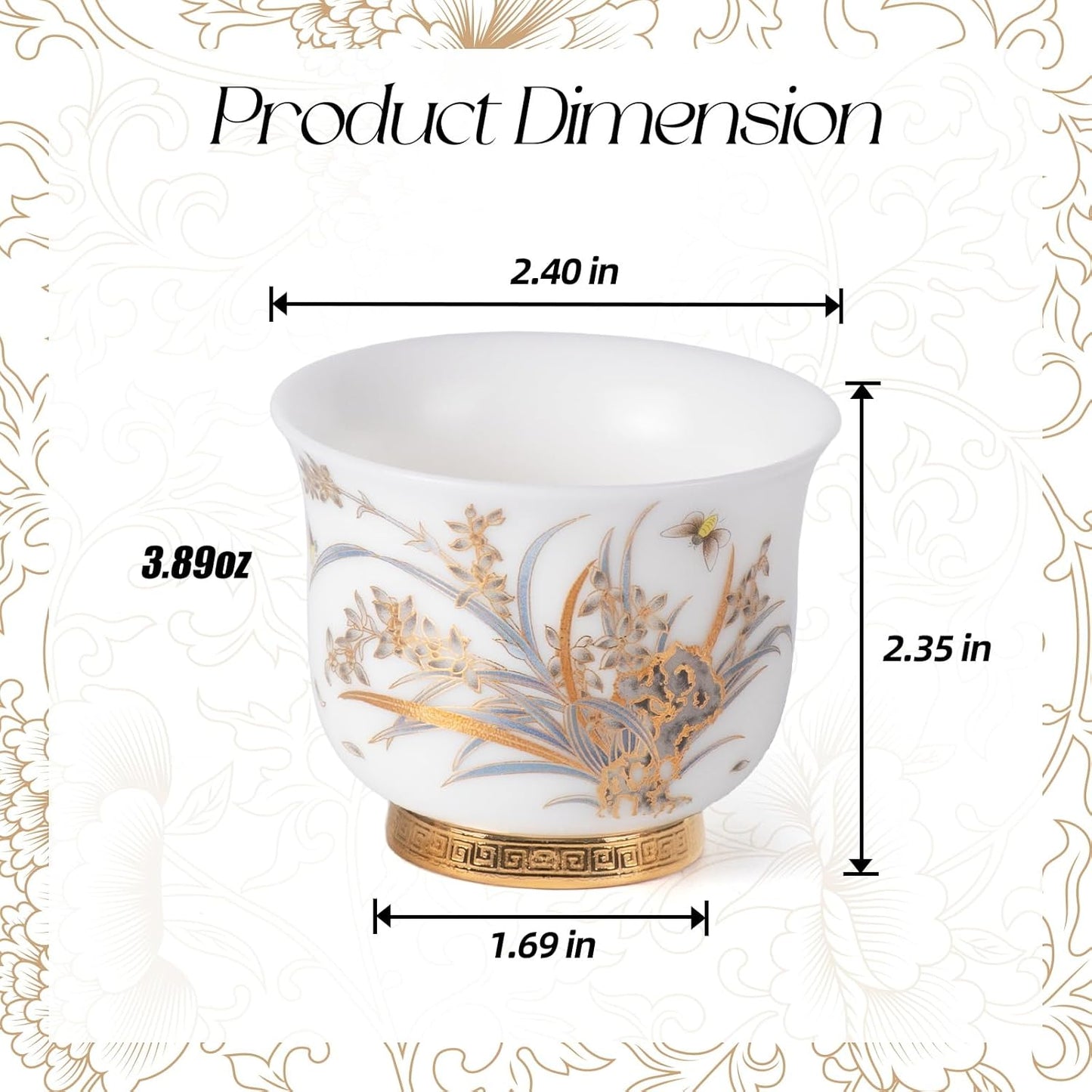 KAMMAK Ceramic Tea Cups Small, Cute Vintage Coffee Cup Set of 2, Porcelain Teacups Espresso Mug, 3.9oz Hand Painted Chinese Afternoon Tea Party Mugs, Birthday Gift for Women Men, Reversible