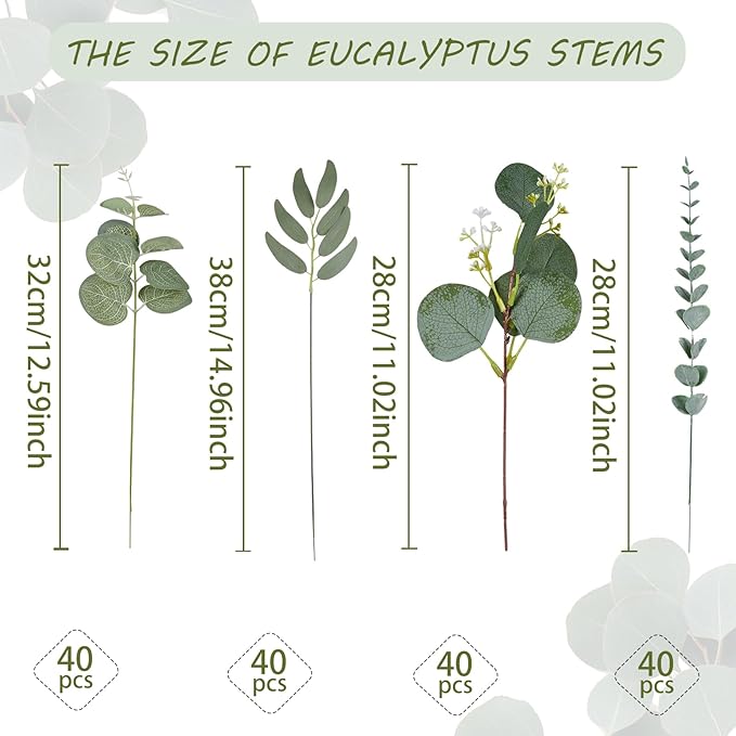 120 Pcs 4 Kinds Mixed Eucalyptus Leaves Stems Bulk Artificial Silver Dollar Leaves Picks Dried Eucalyptus Bundle Faux Spray for Wedding Vase Bouquet Floral Arrangement