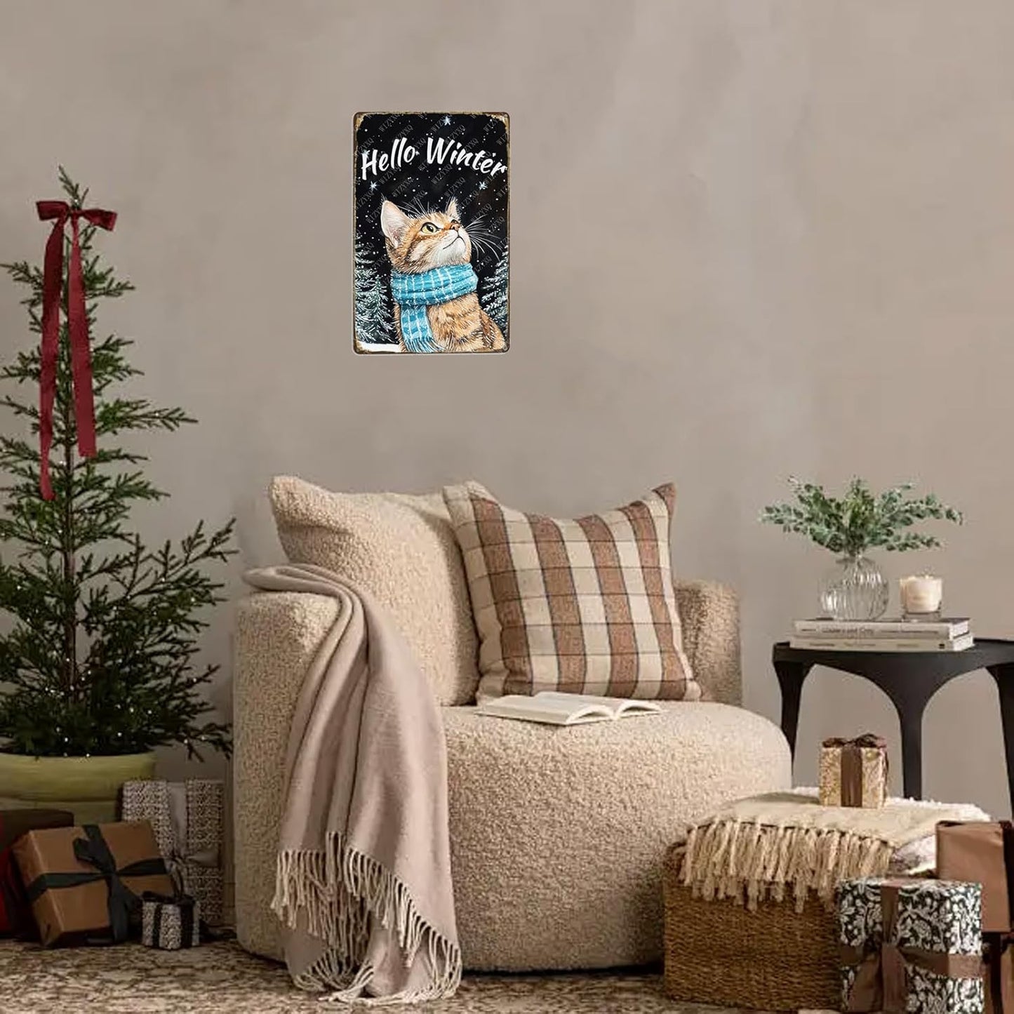 Hello Winter Cat Metal Signs Pine Trees Snowflakes Tin Signs Aluminum Sign for Home Farmhouse Office Outdoor Kitchen 12×8 Inch
