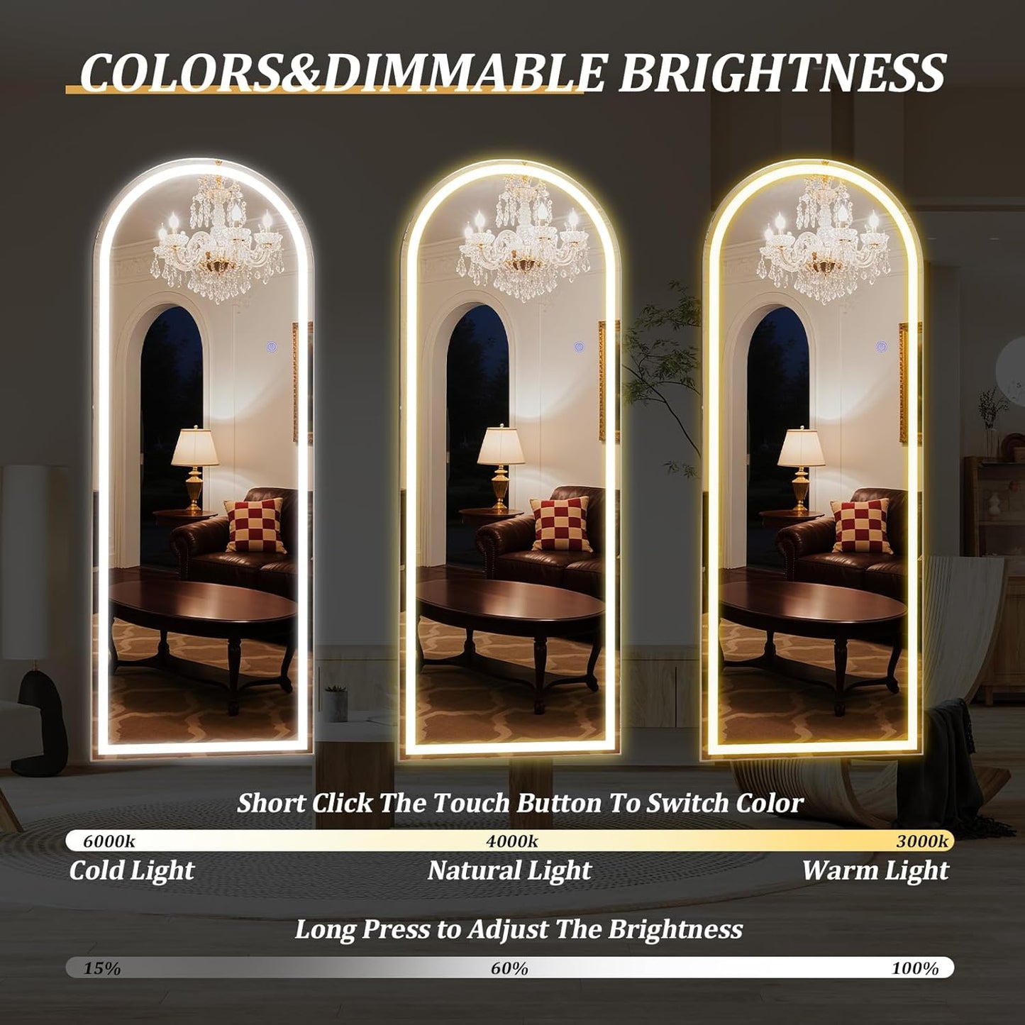 LED Arched Full Length Mirror with Lights 65"x24" - Lighted Floor Mirror with Dimming & 3 Color Lighting, Aluminum Frame Standing Leaning or Hanging for Bedroom Cloakroom White