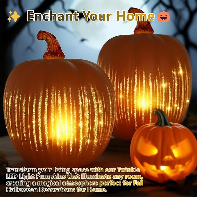 2025 Upgraded Twinkle Light Pumpkins, Starry Night Pumpkins, Illuminated Starry Night Glass Pumpkins, Timer Lighted Pumpkin Light Decorations for Bedroom Hallway (Flash, Medium)