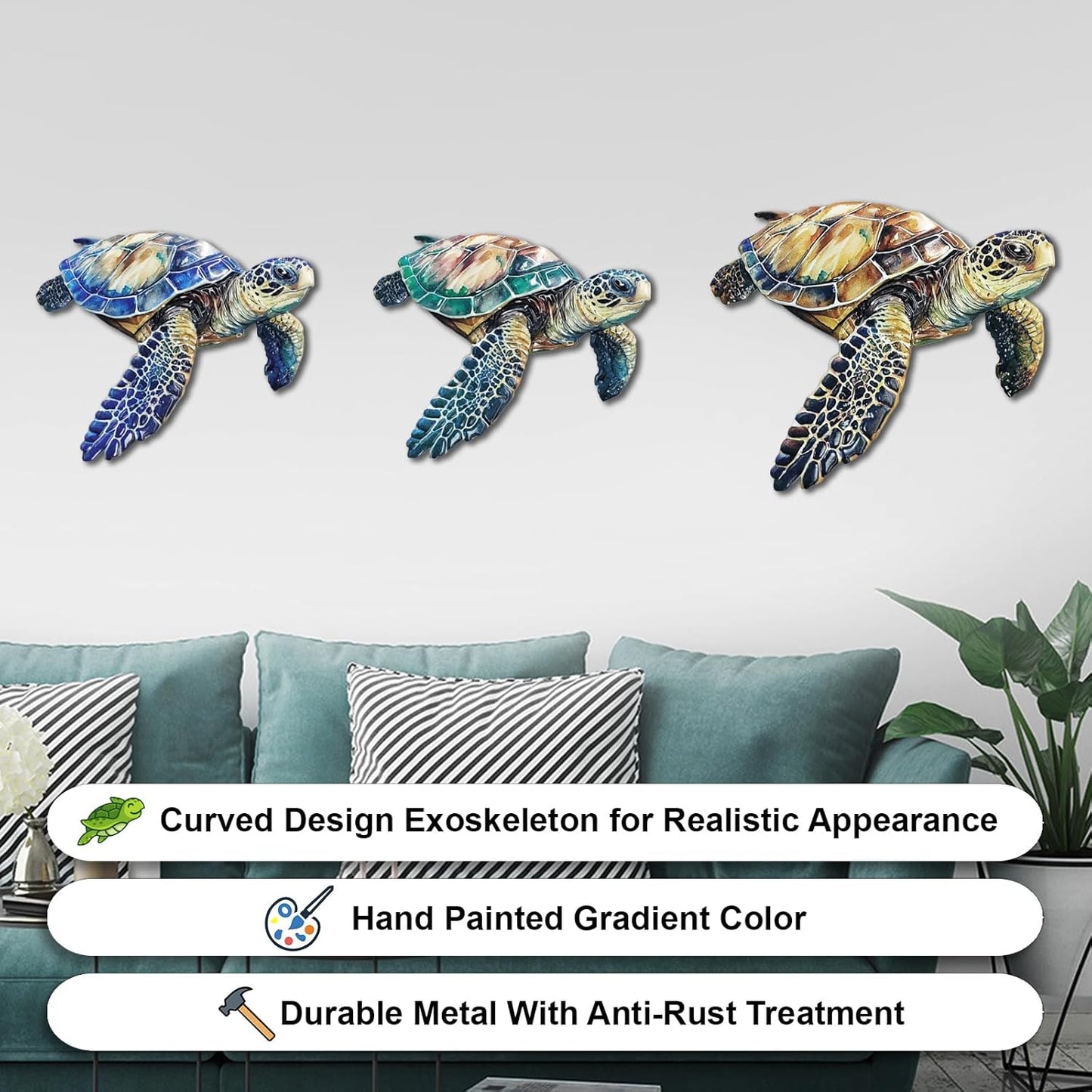 Metal Turtle Wall Decor Outdoor Turtle Coastal Ocean Sea Wall Art Sculptures Hanging Decorations for Bedroom, Living Room, Garden, Fence, Patio Set of 3