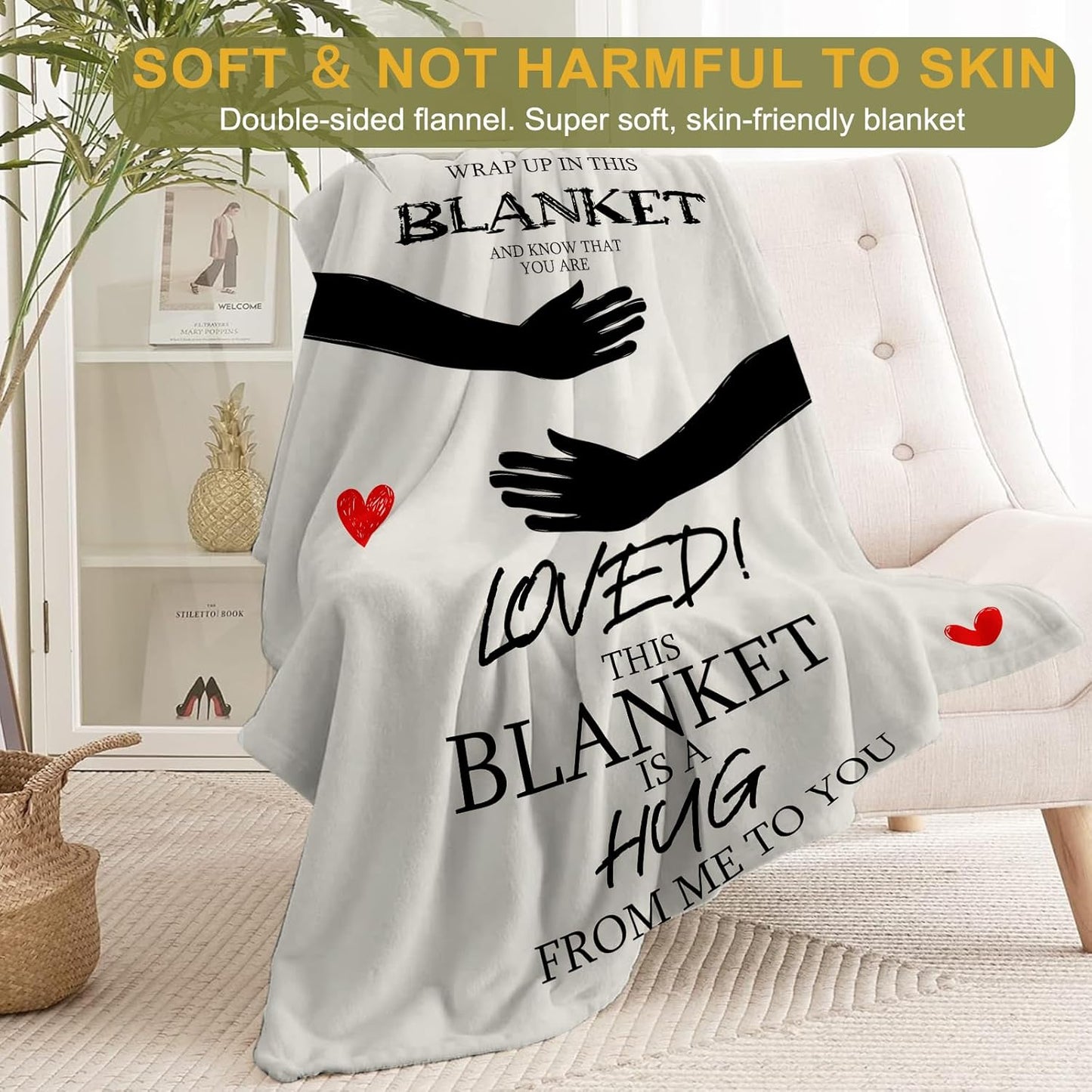 Love Hug Flannel Blanket - Lightweight Soft Cozy Unique Gifts Blankets for Loved Lovers,Kids,Adult,Women,Heart Text Printing Arm Hugs Throw,Home Room Modern Special Occasions Decor 40x50in