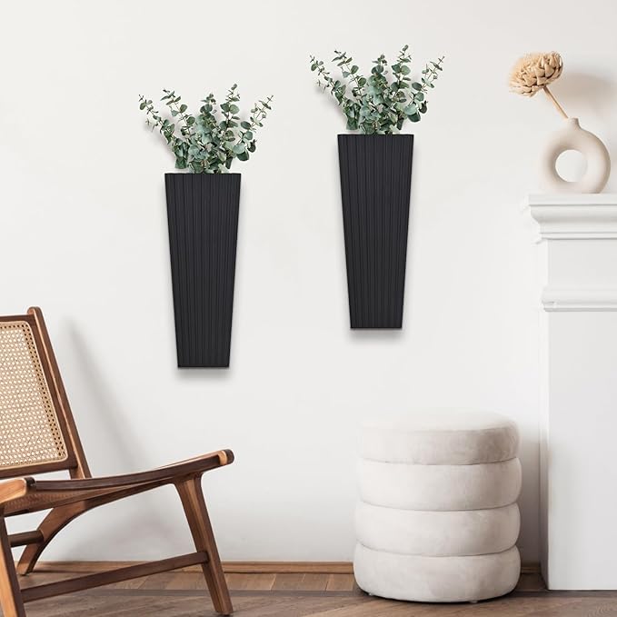 2PCS Wood Wall Planter for Indoor Plants, Wooden Hanging Planter for Dried Flowers and Artificial Greenery Plants,Modern Farmhouse Wood Wall Decor for Living Room,Bedroom,Bathroom(Black)