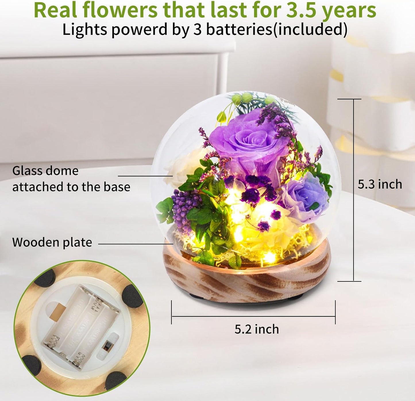 Long Lasting Real Flowers, Birthday Present for Women，Preserved Rose Flowers with Hydrangea and LED Light,Unique Floral Present for Various Festivals, Various Occasions, Home Decoration（Purple Rose）
