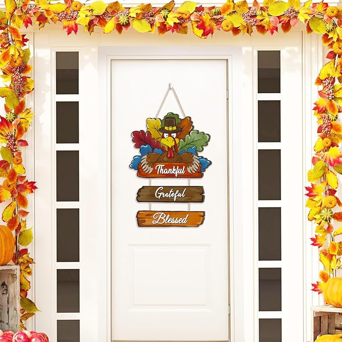 Thanksgiving Day Wood Door Hanger,Turcky Wall Sign,Fall Thankful Sign,Autumn Wooden Sign,Grateful for Harvest Wall Plaque,Thanksgiving Turkey Door Decorations for Home Porch Indoor Outdoor Party