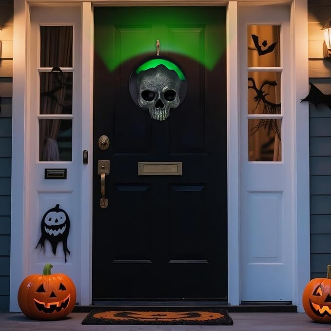 WONDER GARDEN 7.68 inch Halloween Skull Hanging Wall Decorations Light up Resin Green Gothic Skeleton Halloween Creepy Sculptures for Indoor Outdoor Office Horror Home Wall Decor