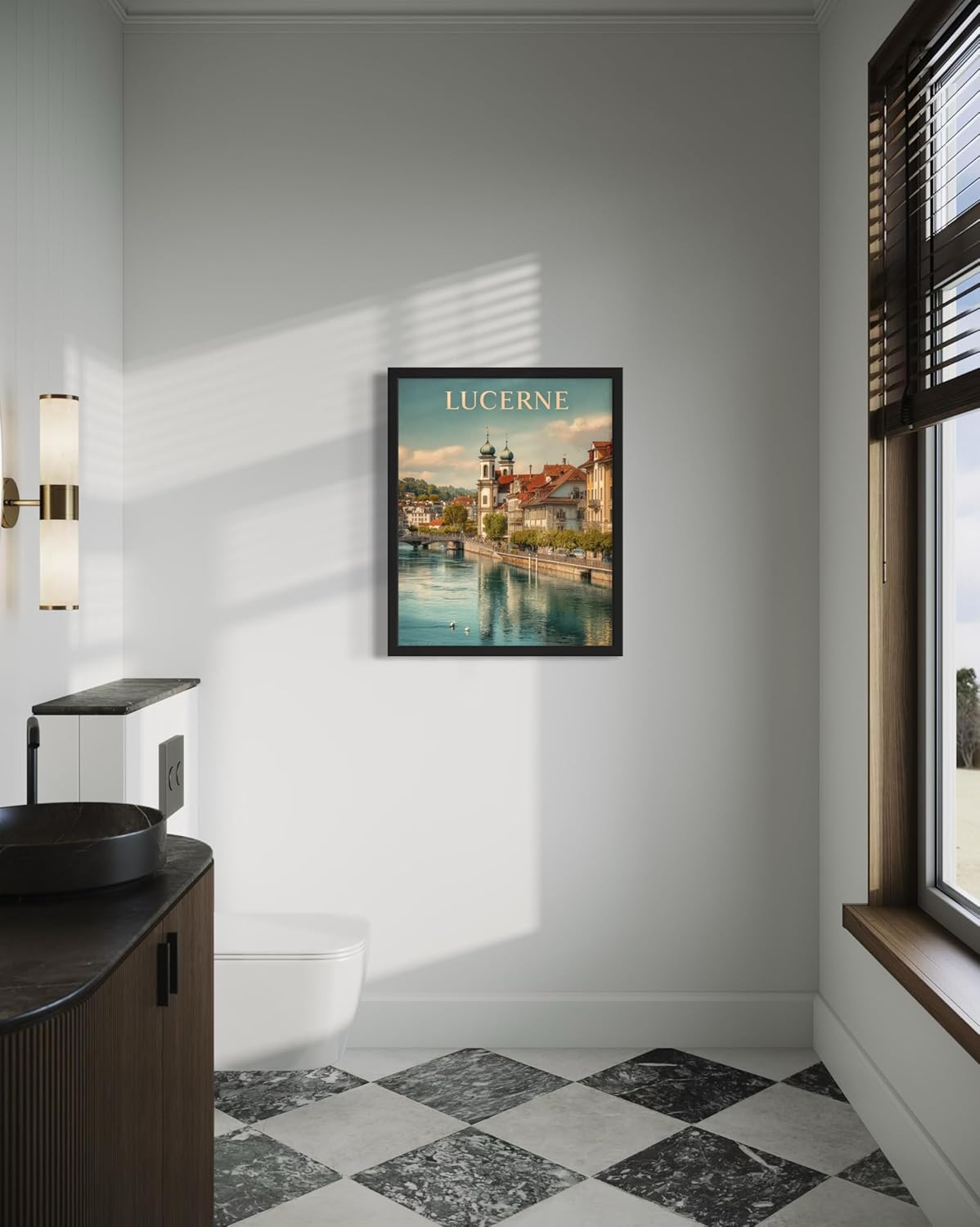 Lucerne, Switzerland Art Print Poster, Europe Vintage City Retro Photography Skyline Travel Bedroom Bathroom Living Room Decor 183 (Lucerne, Switzerland, 16 x 20 inches, Black Frame)