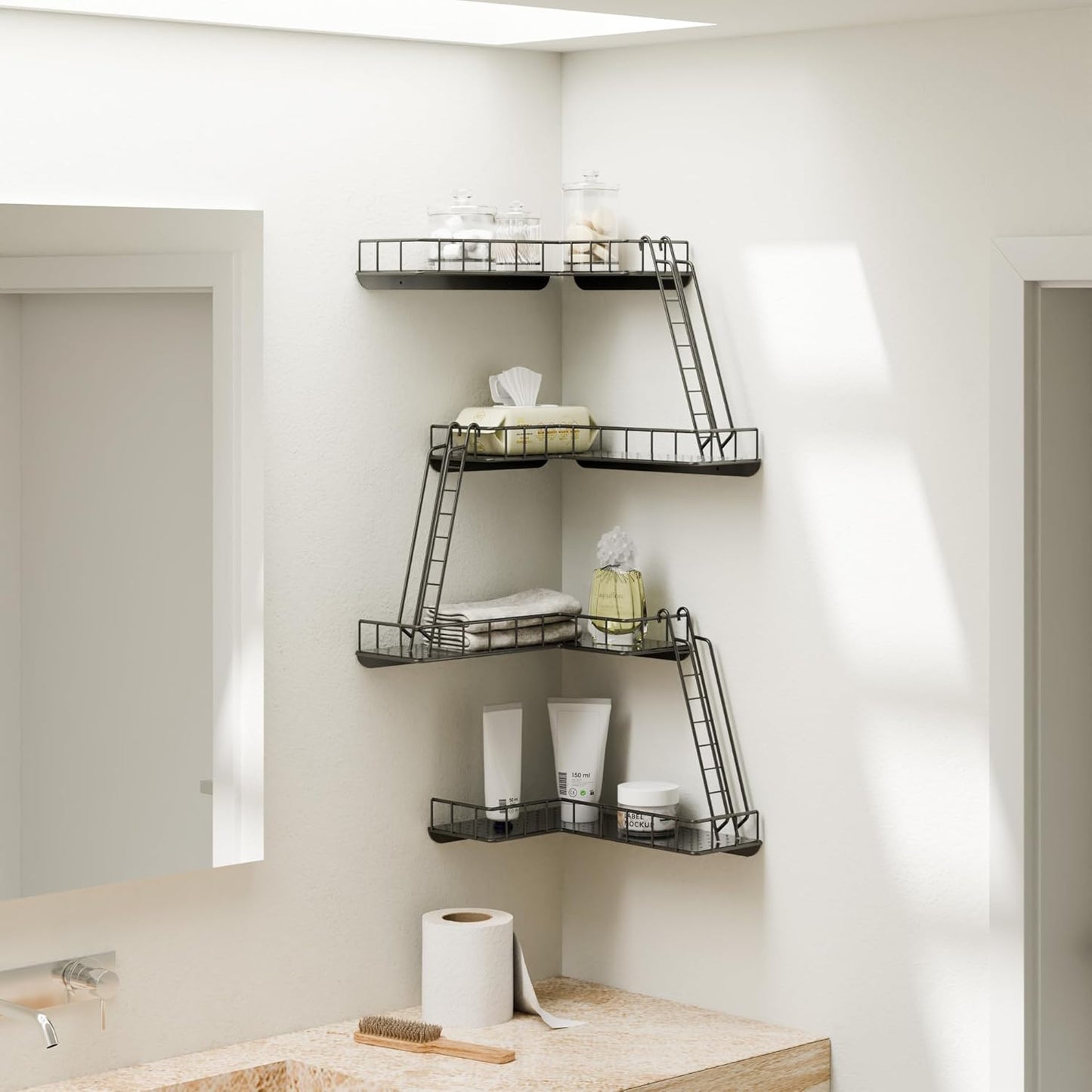 Fire Escape Wall Shelf - Modern City Style 4-Tier Corner Wall Shelves, Easy to Install Metal Ladder Shelf for Figures, New York Decorative Shelves for Bathroom, Living Room & Home Decor,Black