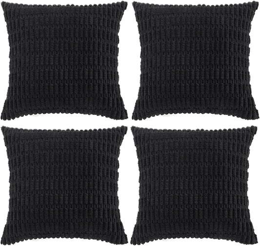 Fancy Homi 4 Packs Boho Black Decorative Throw Pillow Covers 24x24 Inch for Living Room Couch Bed Sofa, Rustic Modern Farmhouse Home Decor, Soft Plush Corduroy Cute Square Cushion Case 60x60 cm