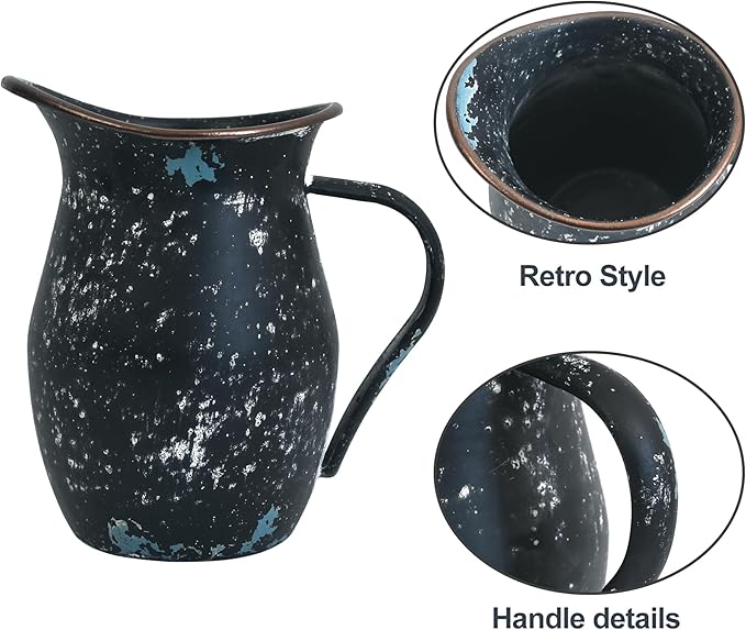 BIG FORTUNE Decorative Pitcher Vase Large Rustic Farmhouse Vase for Flowers Vintage Metal Milk Jug Vintage Decorative Pitcher Kitchen Decorations (Black)