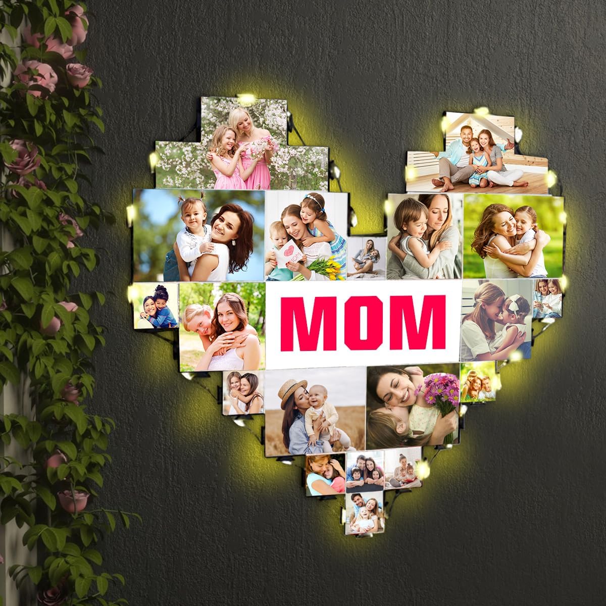 Heart Picture Frames Collage with custom 15 photo Wall Hanging Picture Frame with Led Light, Multi Photo Frame Collage for Family Pictures Wall Decor Gift For Mom Dad Father Lover Wife (15photo+mom)