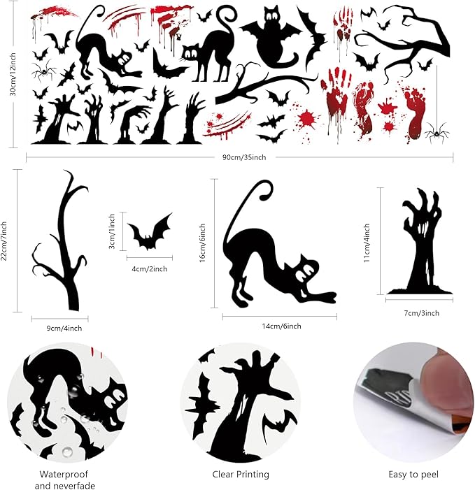 HLNIUC Gothic Style Halloween Wall Decal 45PCS Halloween Bloody Handprint Footprint Scary Indoor Decoration Horrible Bat Cat Halloween Window Clings Happy Halloween Room Wall Stickers for Kid Bedroom