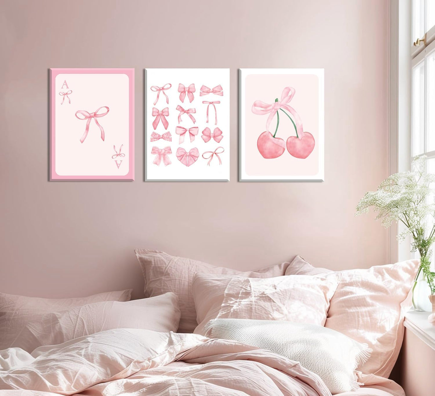 Julaydi Pink Preppy Wall Art Set of 3 Framed Trendy Bow Posters Pastel Bows Cherry Canvas Prints Cute Girly Aesthetic Home Decor Watercolor Ribbon Painting Picture for Girls Bedroom Living Room16X24in