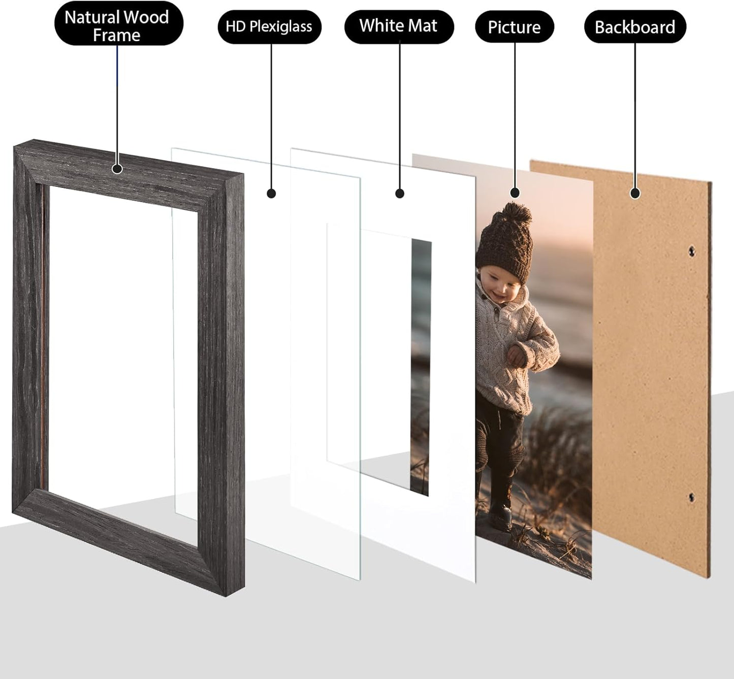 KINLINK A4 Picture Frame, Ash Black Solid Wood Frames with Acrylic Plexiglass for Pictures A5 with Mat or A4 without Mat, Tabletop and Wall Display Photo Frame 4 Pack