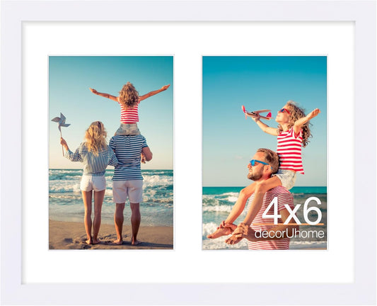 decorUhome 8x10 Picture Frames Collage Wall Decor, Display 2Pcs 4x6 Photos with Mat or 1Pcs 8x10 Unmatted, 2 4x6 Collage Picture Frames for Wall Mounting, White
